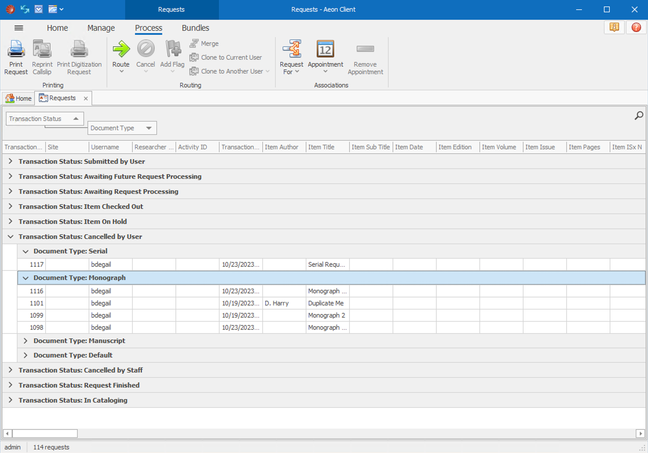 Transactions Grouped by Status and Document Type
